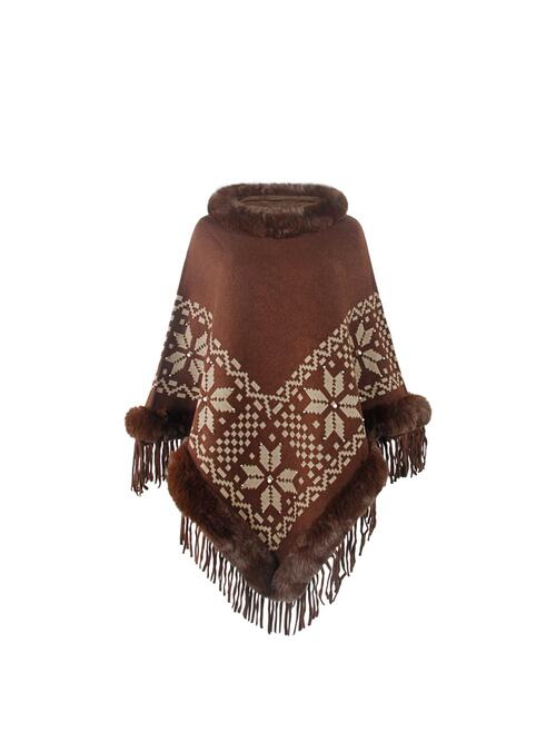 Fringe Geometric Cape Sleeve Poncho - TRENDMELO