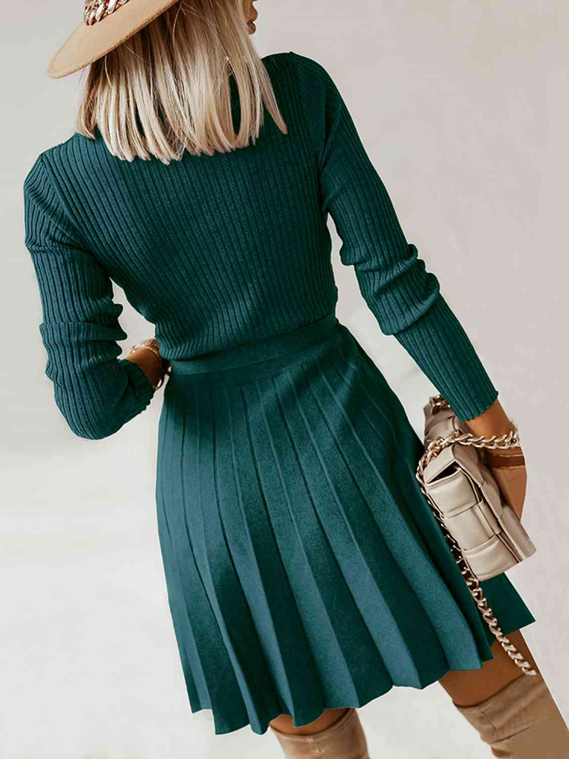 Surplice Neck Tie Front Pleated Sweater Dress - TRENDMELO