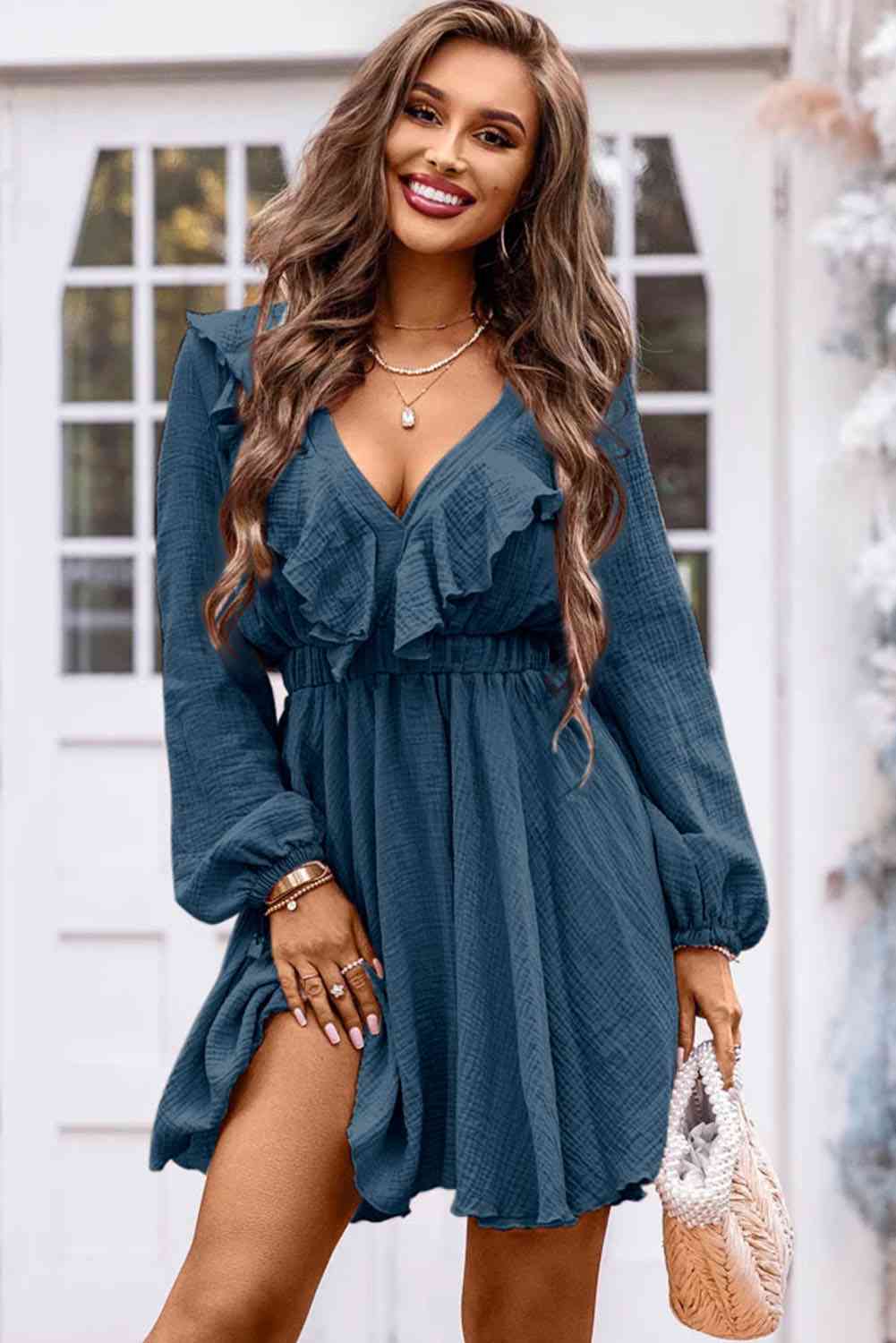 Ruffle Trim V-Neck Long Sleeve Mini Dress - TRENDMELO