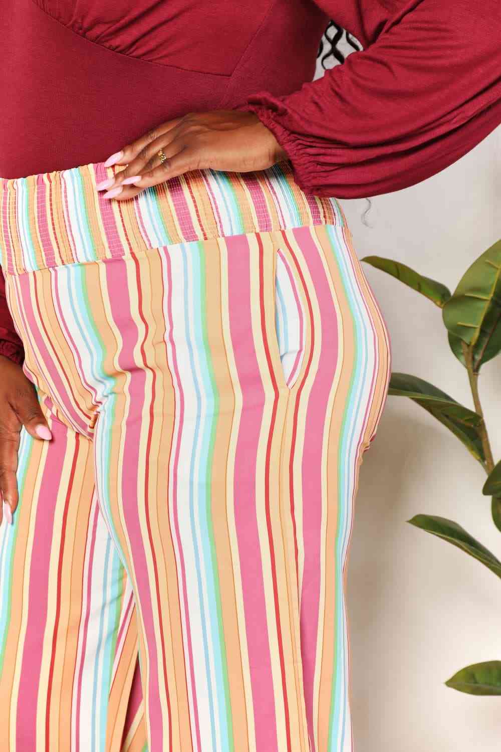 Double Take Striped Smocked Waist Pants with Pockets - TRENDMELO