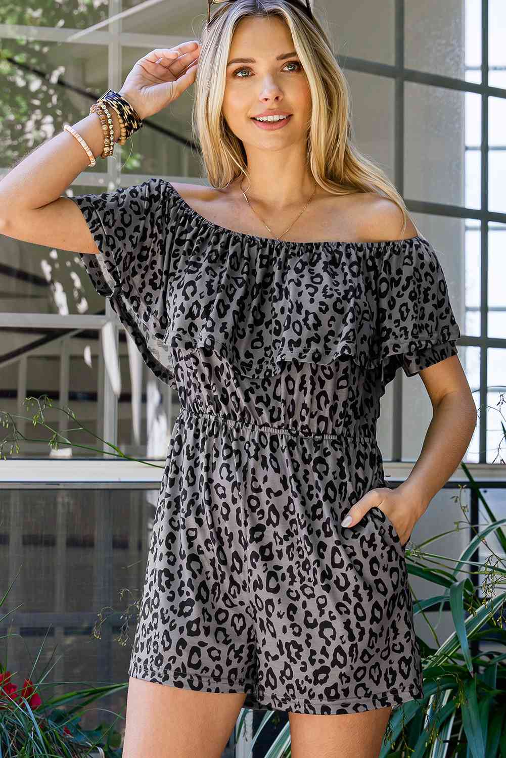 Leopard Off-Shoulder Romper with Pockets - TRENDMELO