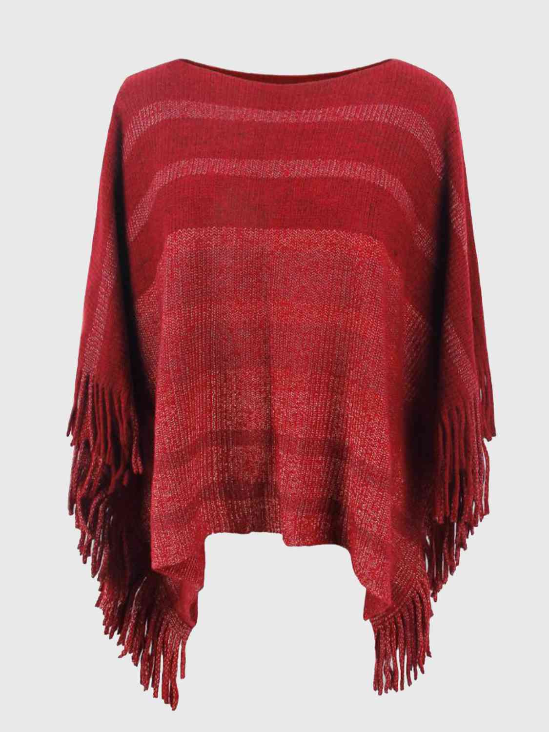 Striped Boat Neck Poncho with Fringes - TRENDMELO