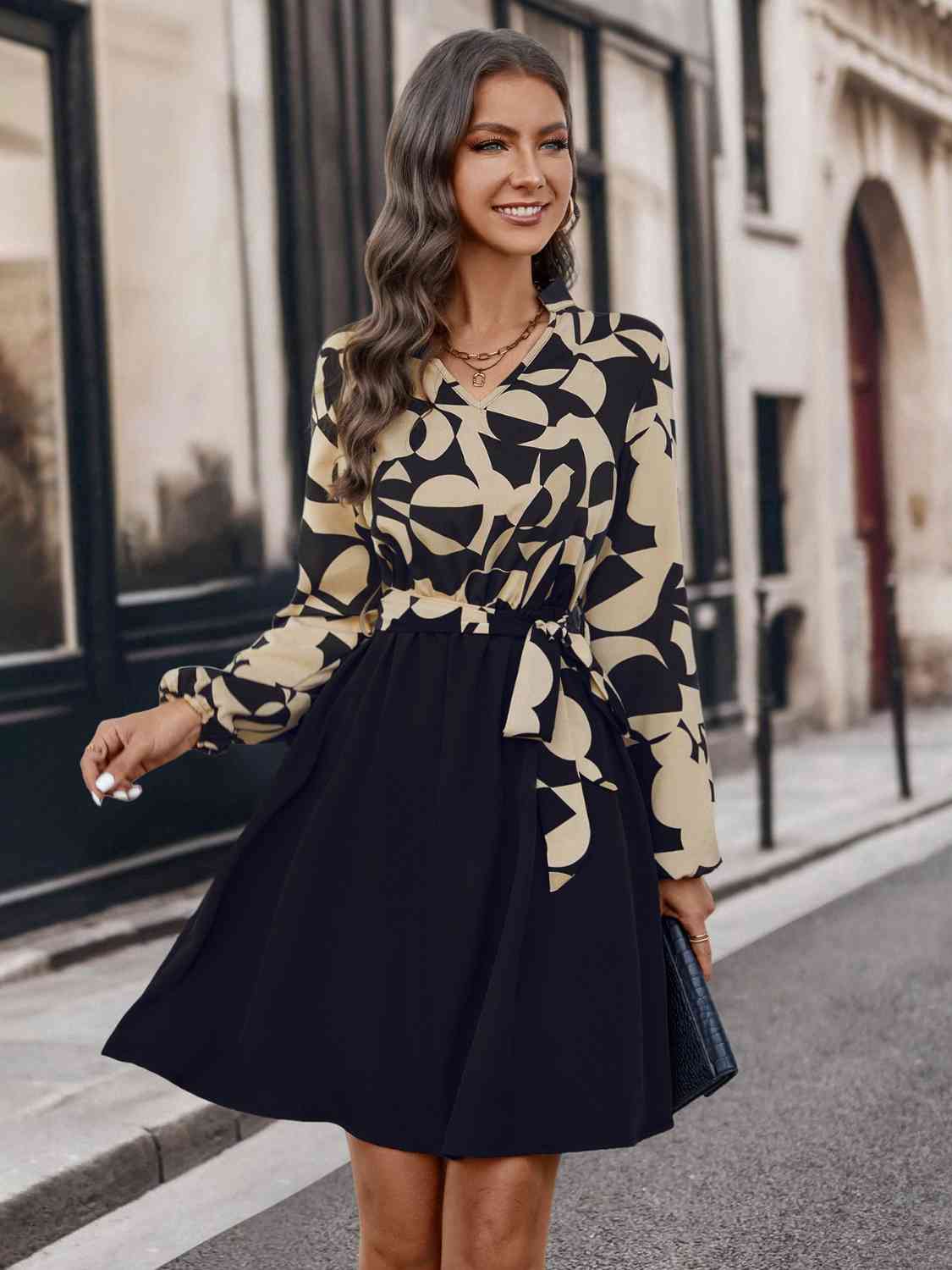 Contrast Notched Tie Front Long Sleeve Dress - TRENDMELO