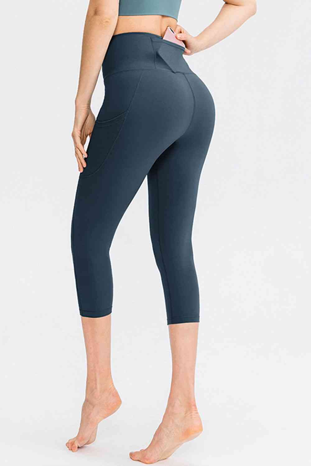 Wide Waistband Cropped Active Leggings with Pockets - TRENDMELO