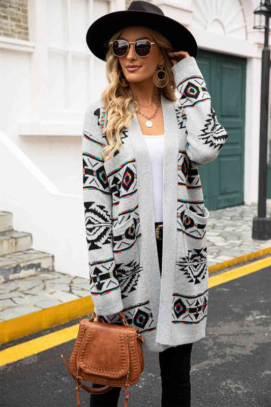 Printed Long Sleeve Cardigan with Pocket - TRENDMELO