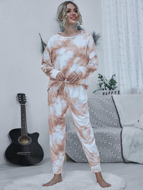 Tie-dye Round Neck Top and Drawstring Pants Lounge Set - TRENDMELO