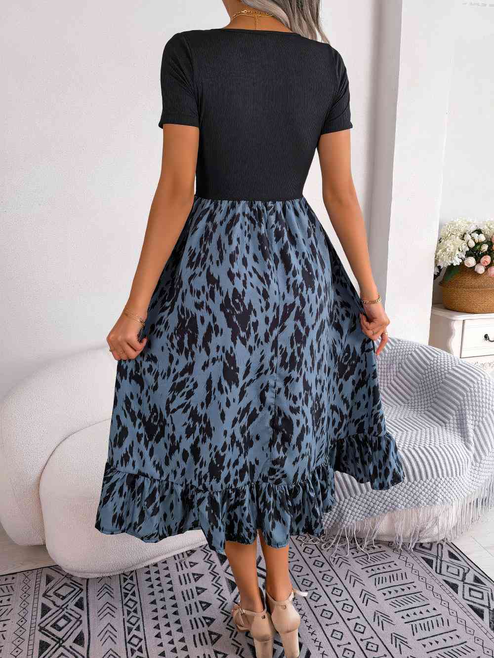 Printed Round Neck Ruffle Hem Dress - TRENDMELO