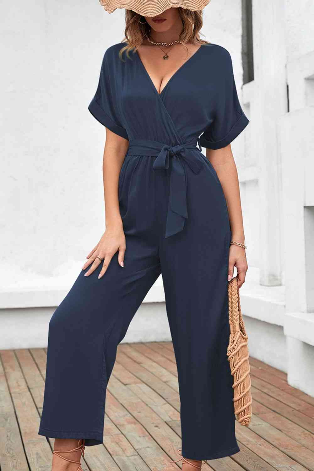 Tie Waist Surplice Wide Leg Jumpsuit - TRENDMELO