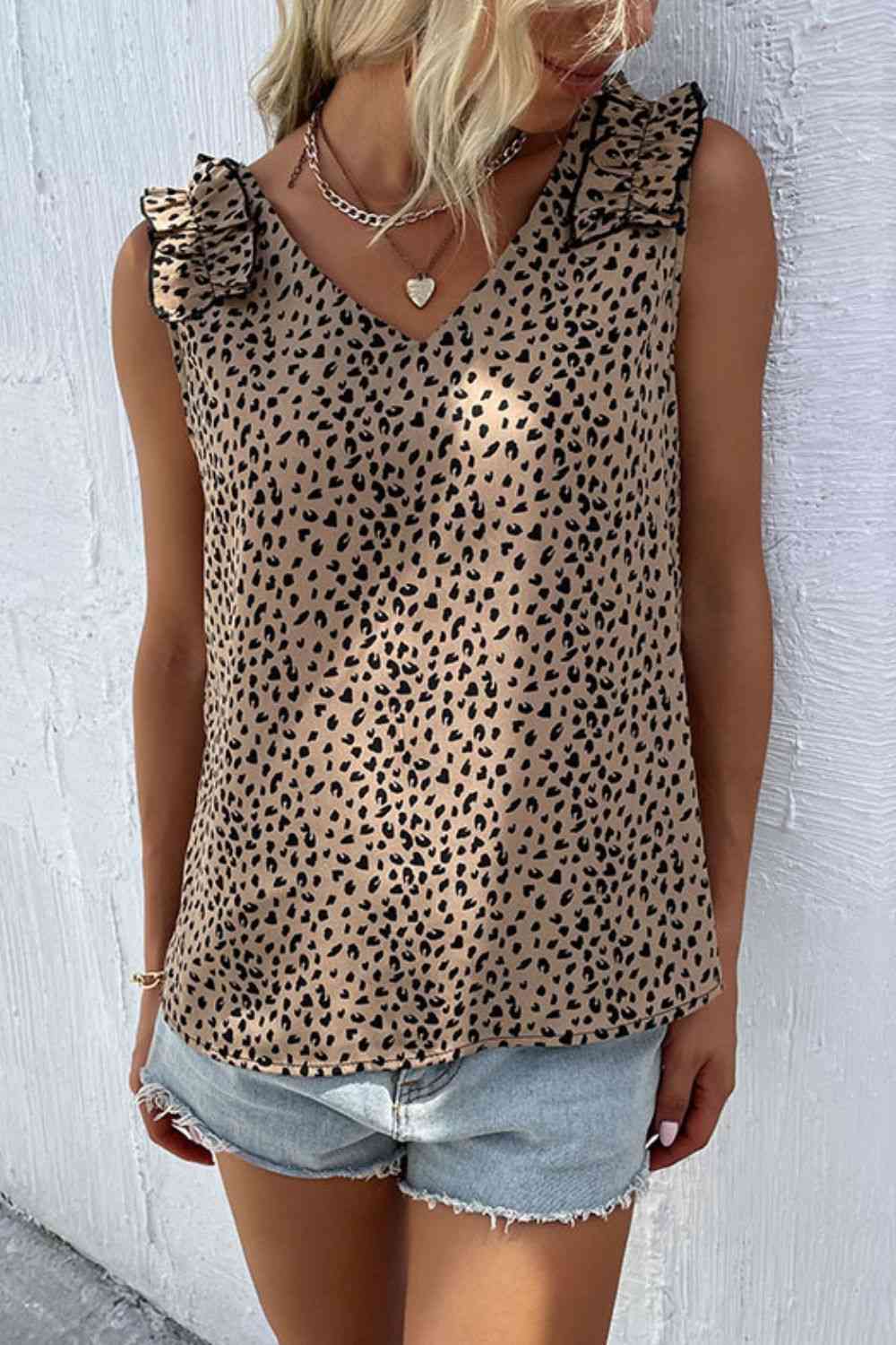 Leopard Frill Trim V-Neck Tank - TRENDMELO