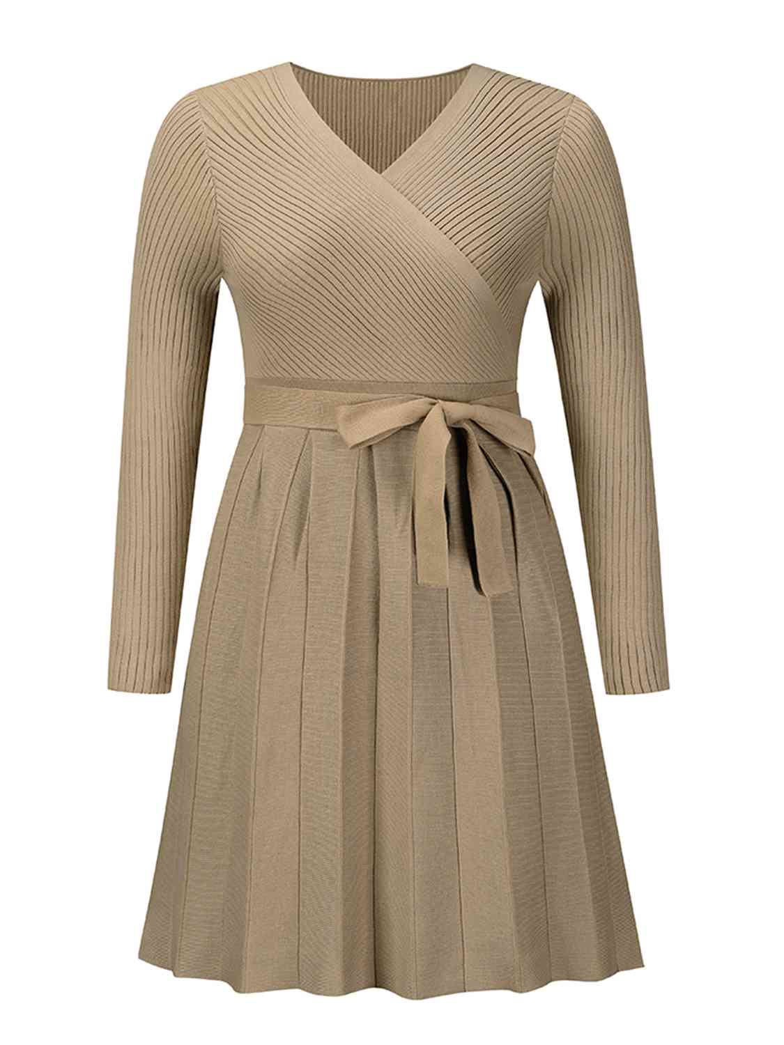 Surplice Neck Tie Front Pleated Sweater Dress - TRENDMELO