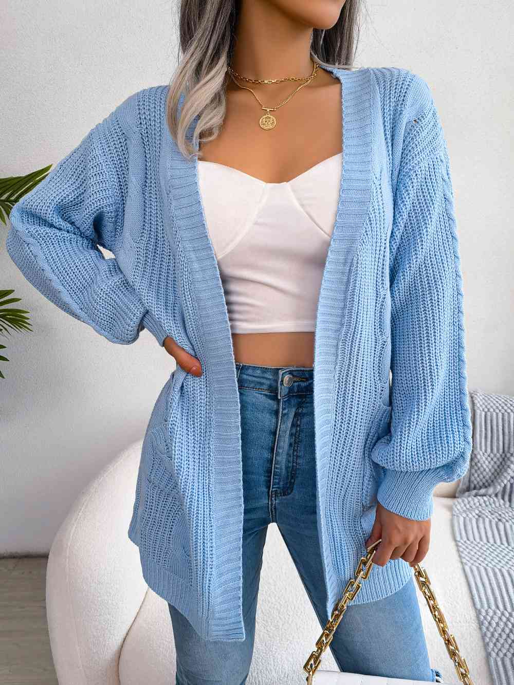 Cable-Knit Open Front Pocketed Cardigan - TRENDMELO