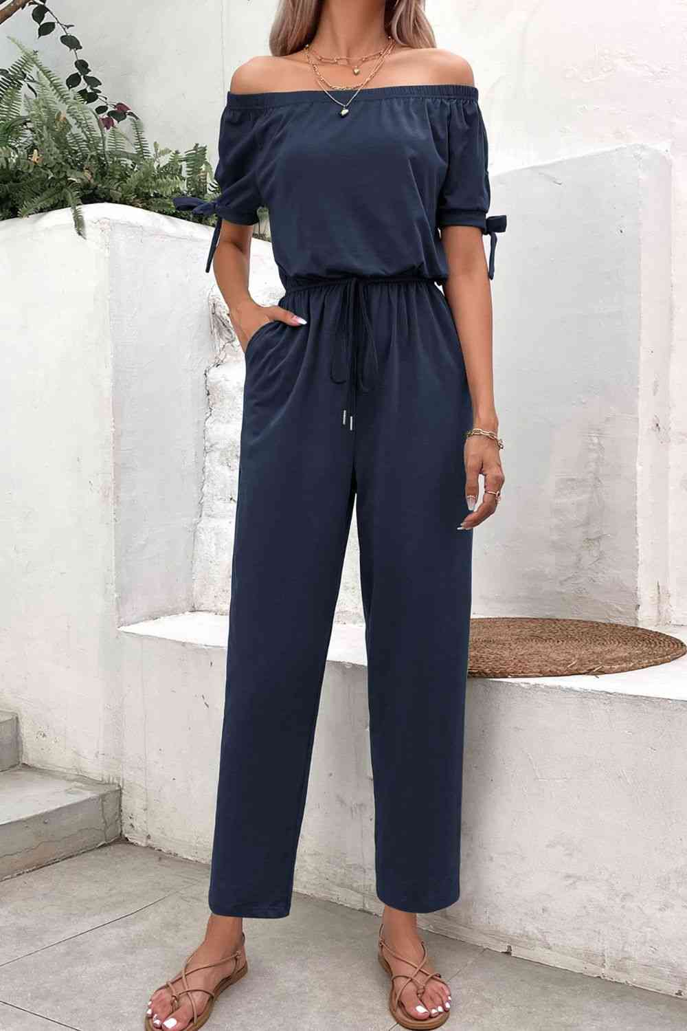 Off-Shoulder Tie Cuff Jumpsuit with Pockets - TRENDMELO