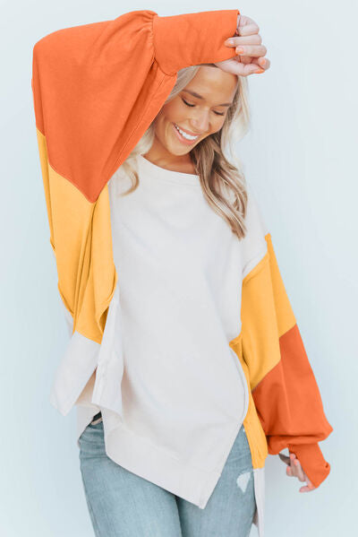 Color Block Exposed Seam Lantern Sleeve Sweatshirt - TRENDMELO