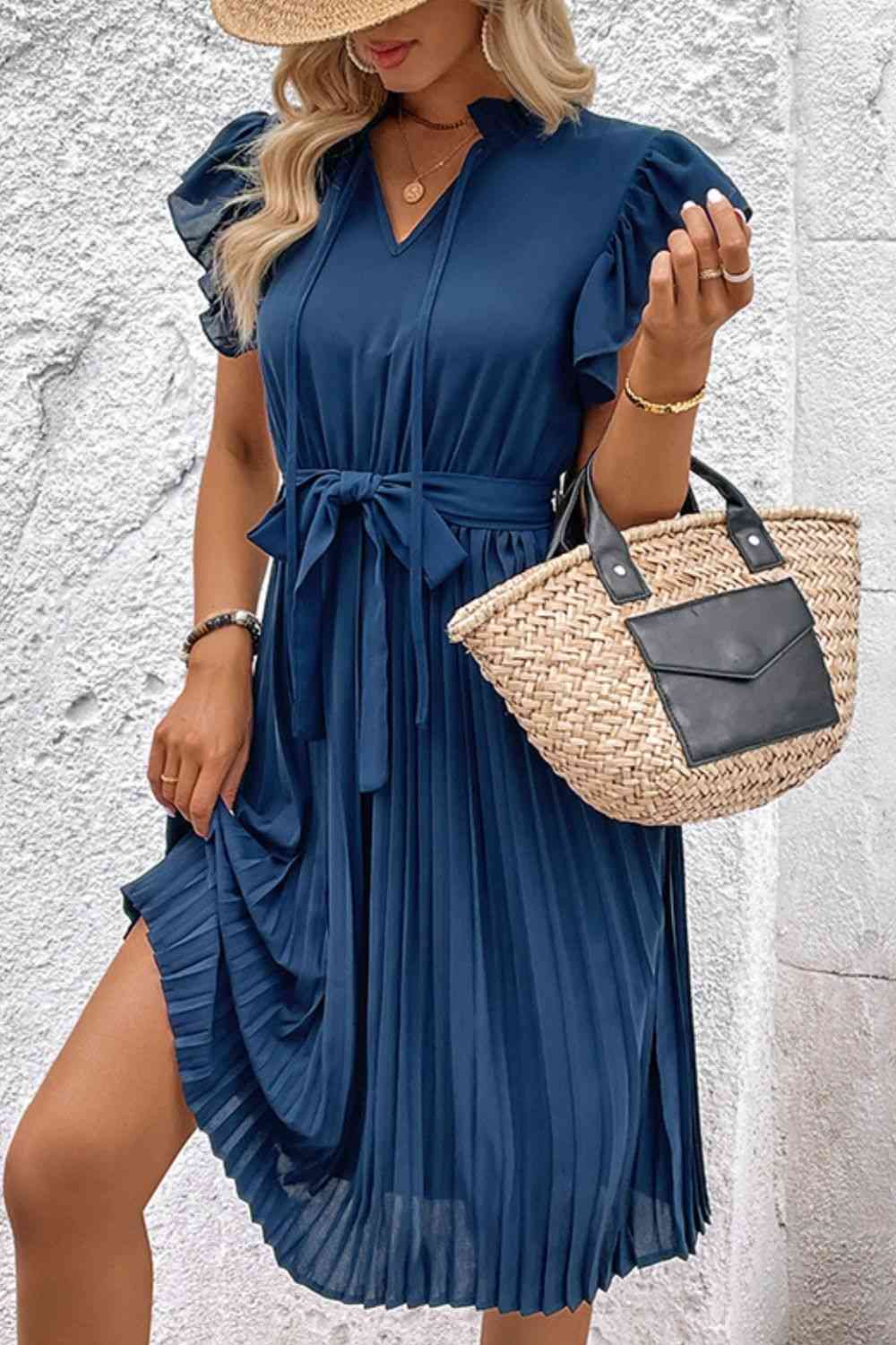 Tie Neck Belted Pleated Dress - TRENDMELO