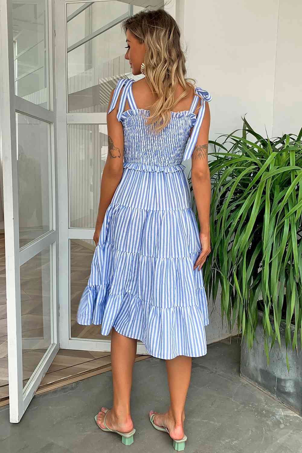 Striped Tie-Shoulder Tiered Dress - TRENDMELO