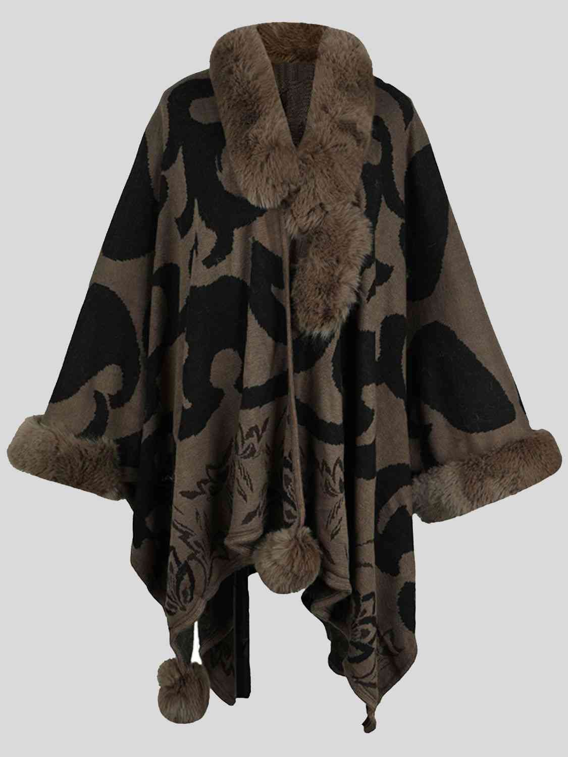 Faux Fur Trim Poncho - TRENDMELO