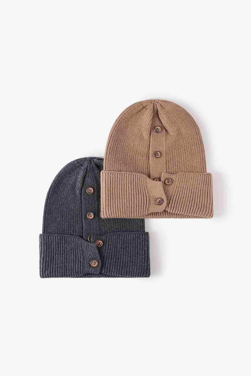 Button Detail Rib-Knit Cuff Beanie - TRENDMELO