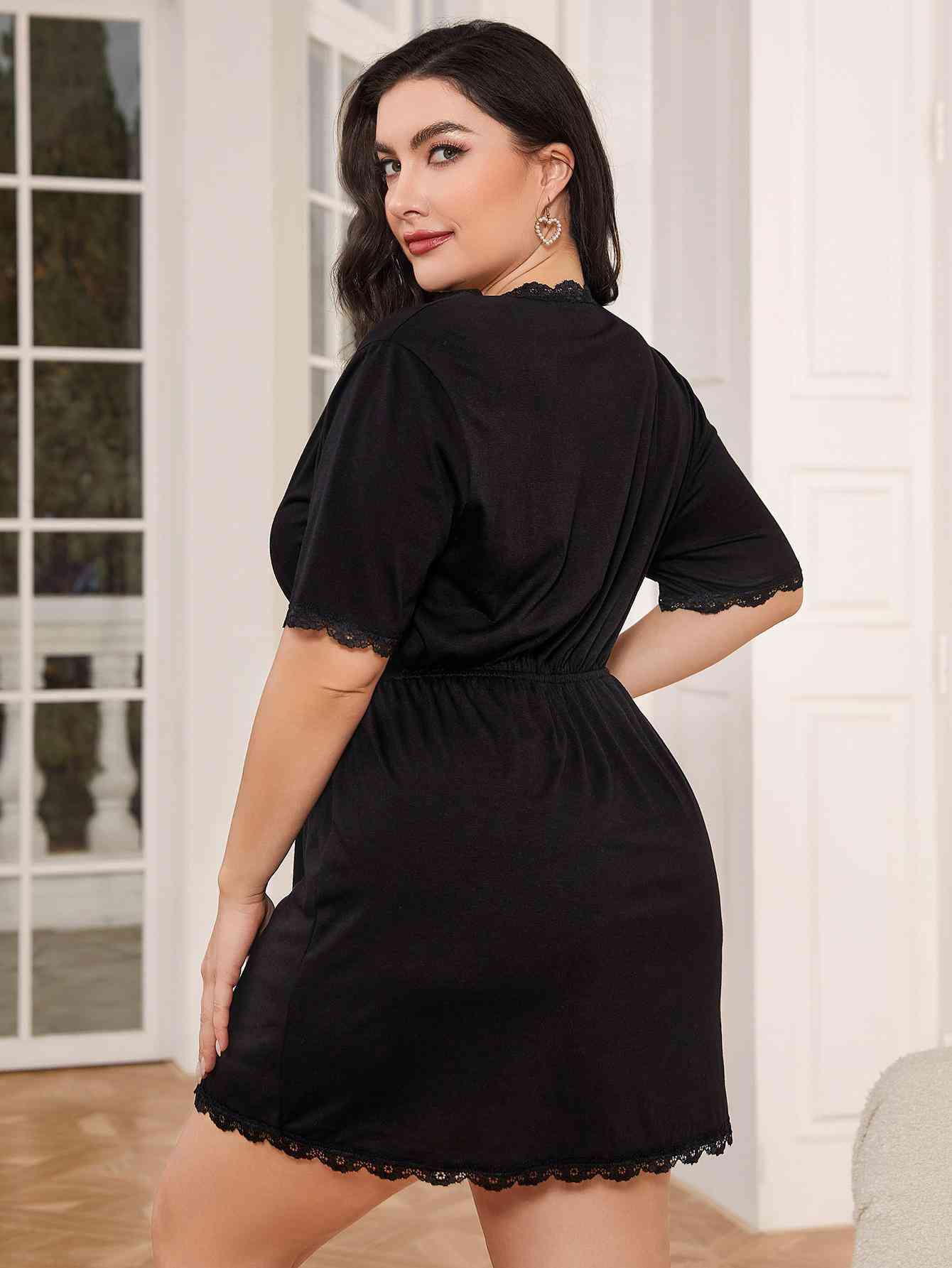 Plus Size Lace Trim Deep V Night Dress - TRENDMELO