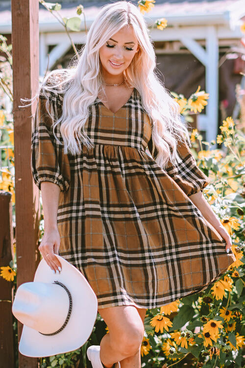 Plaid V-Neck Balloon Sleeve Dress - TRENDMELO