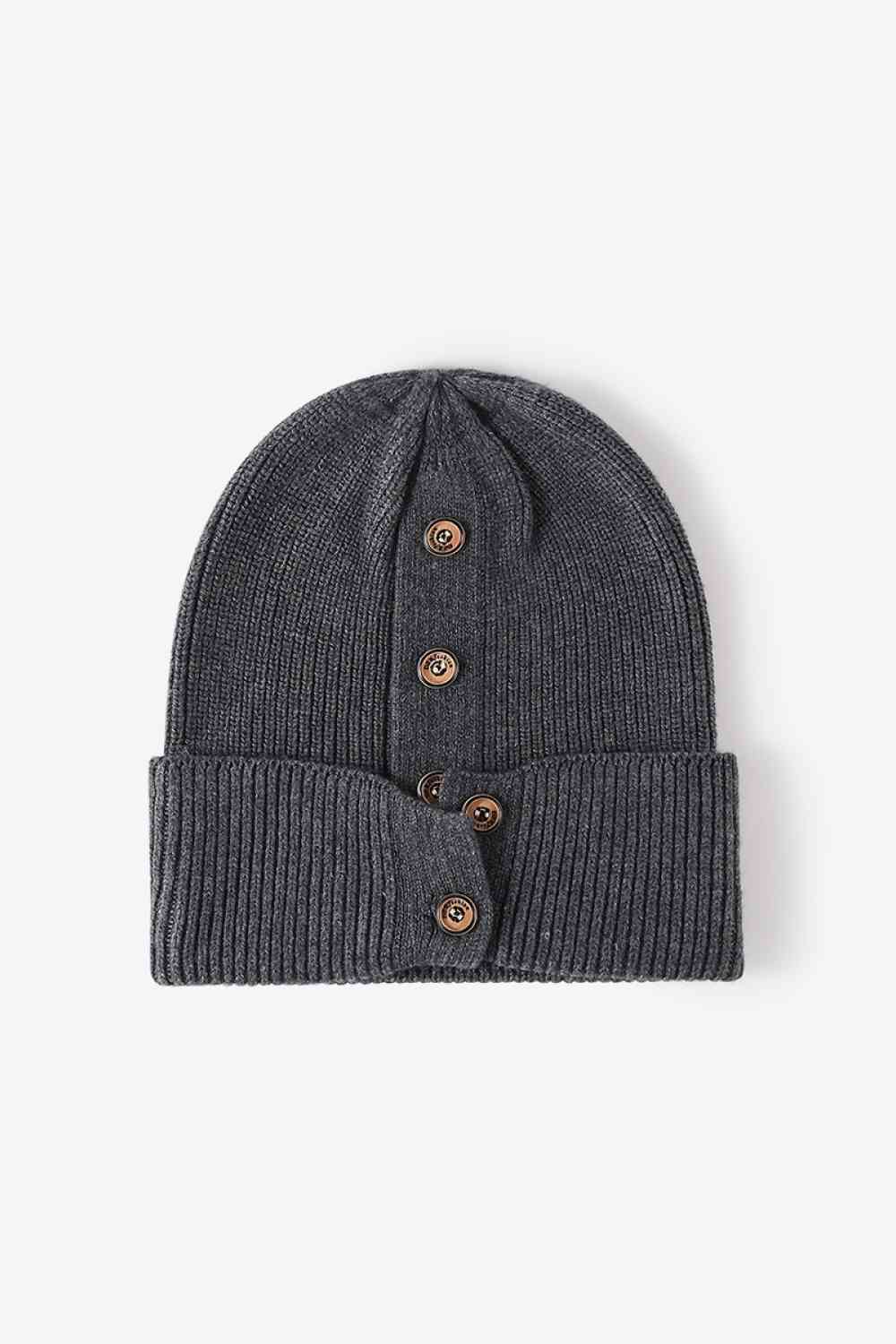 Button Detail Rib-Knit Cuff Beanie - TRENDMELO