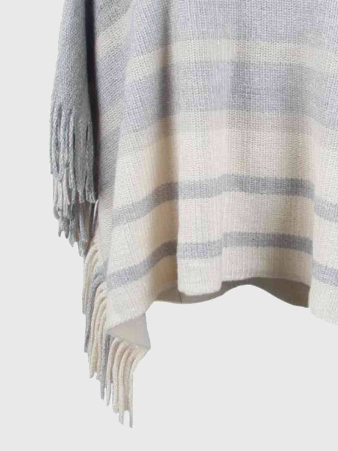 Striped Boat Neck Poncho with Fringes - TRENDMELO