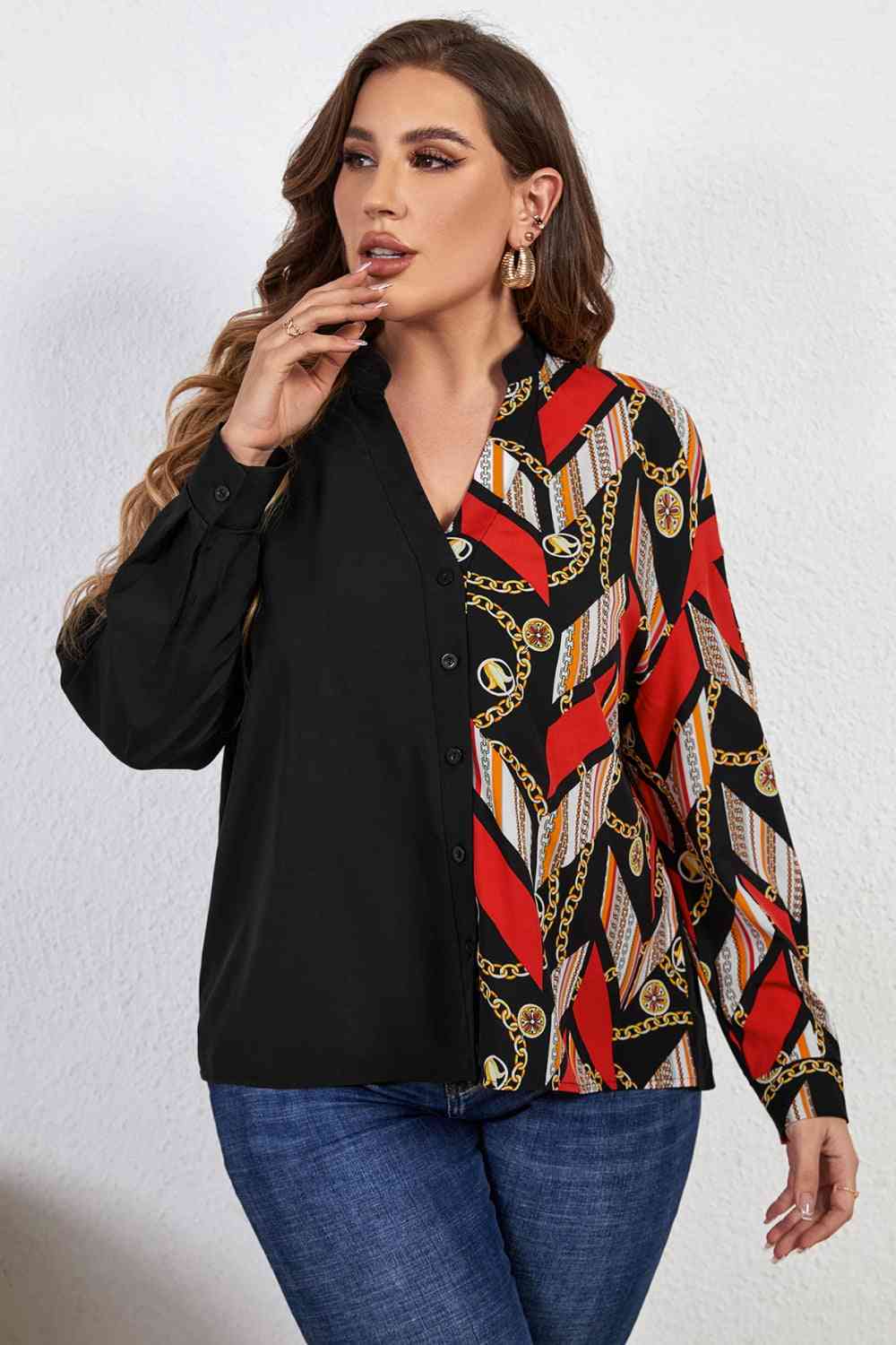 Melo Apparel Plus Size Contrast Color Notched Neck Shirt - TRENDMELO