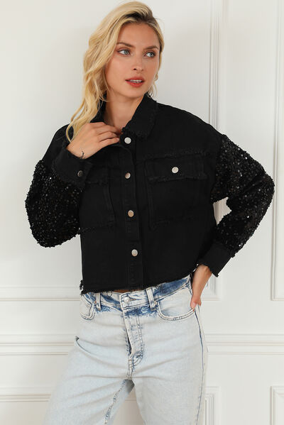 Sequin Button Up Raw Hem Denim Jacket - TRENDMELO