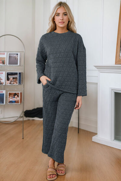 Round Neck Top and Pocketed Pants Lounge Set - TRENDMELO