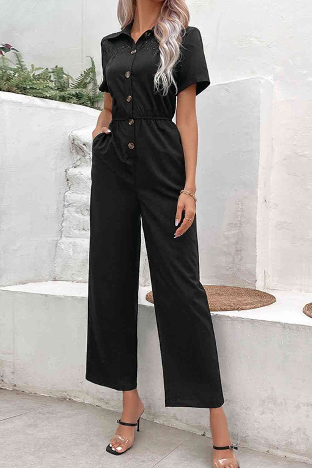 Collared Neck Short Sleeve Jumpsuit - TRENDMELO