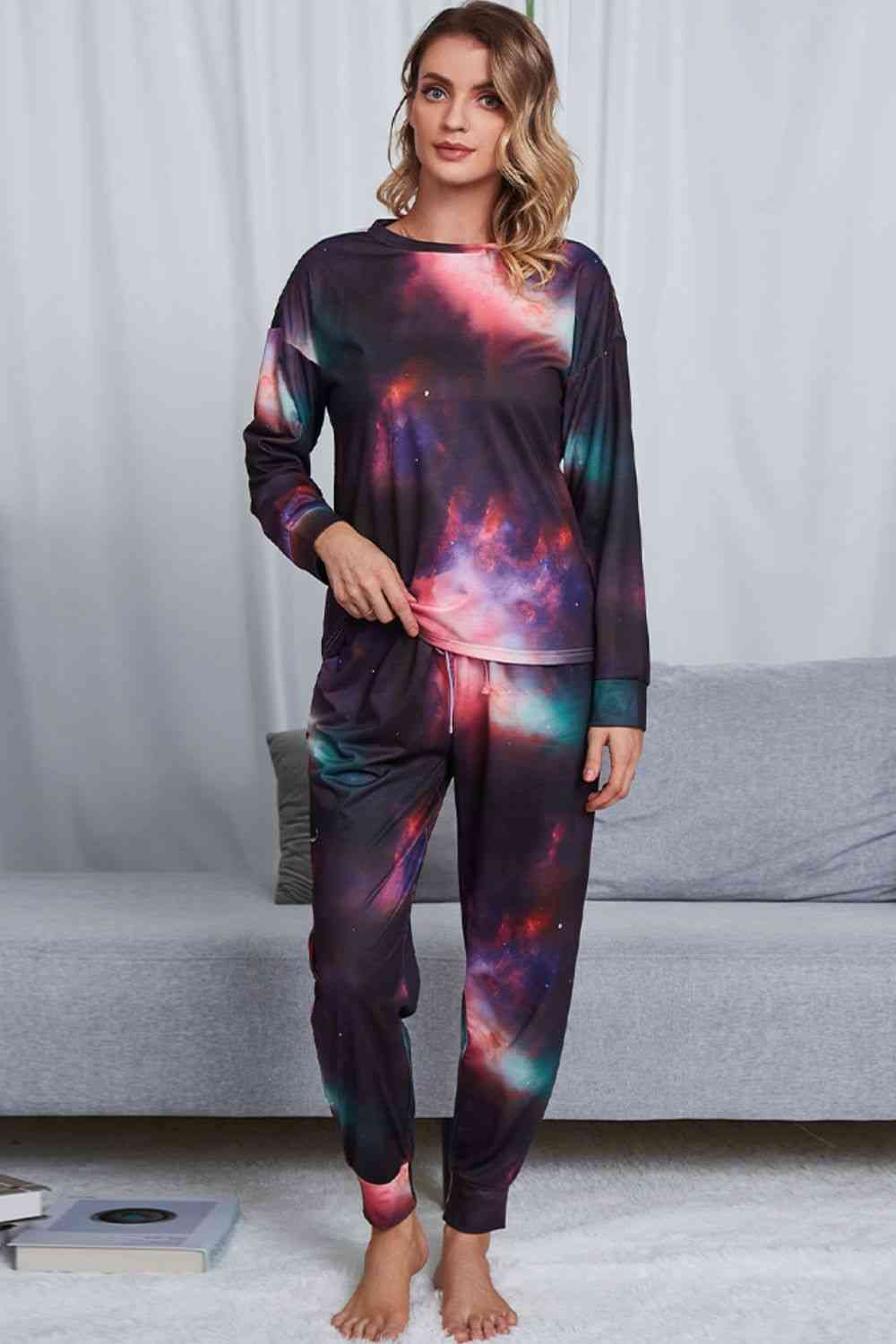 Tie-Dye Crewneck Top and Drawstring Waist Joggers Lounge Set - TRENDMELO