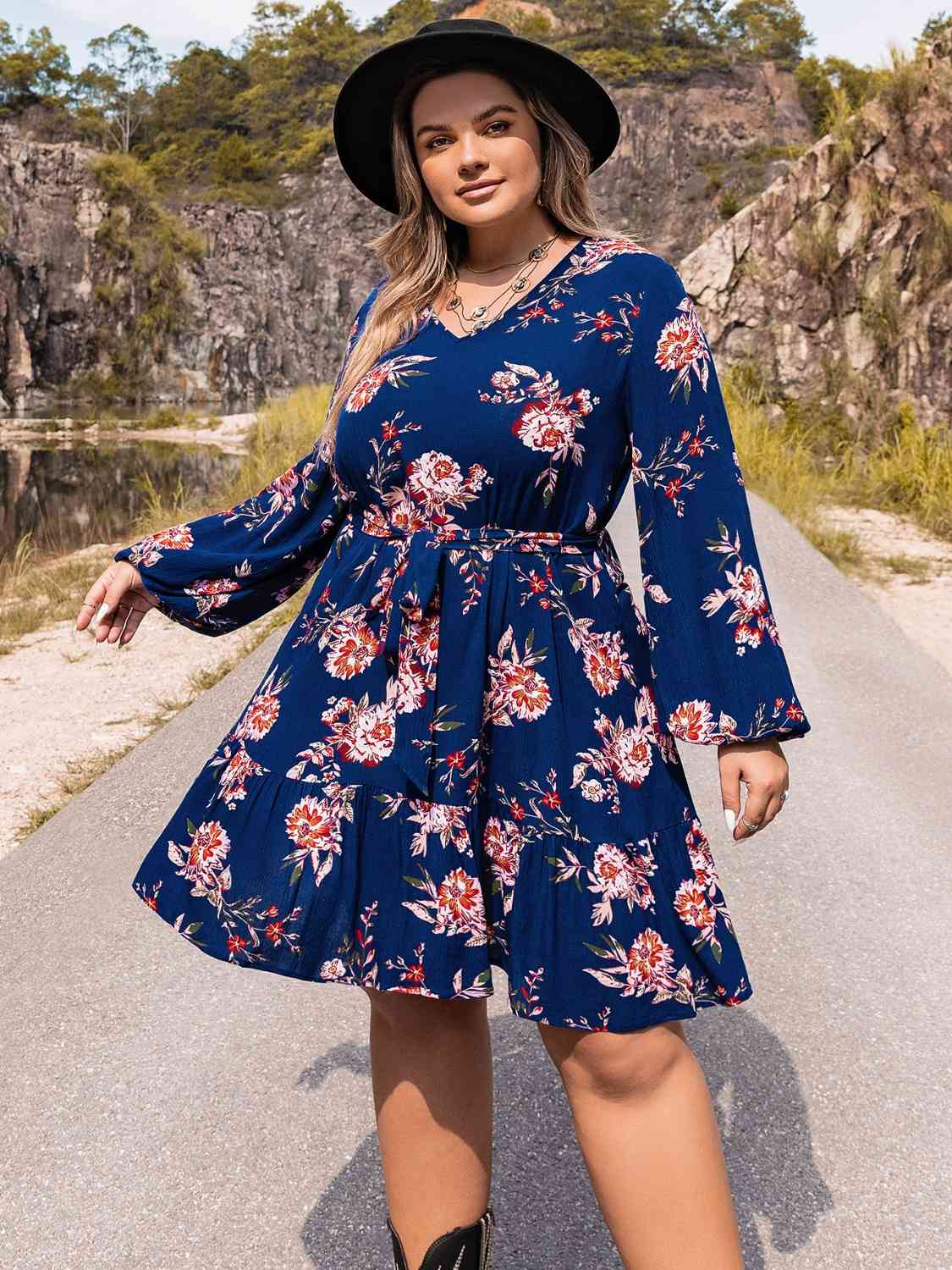 Plus Size V-Neck Long Sleeve Dress - TRENDMELO