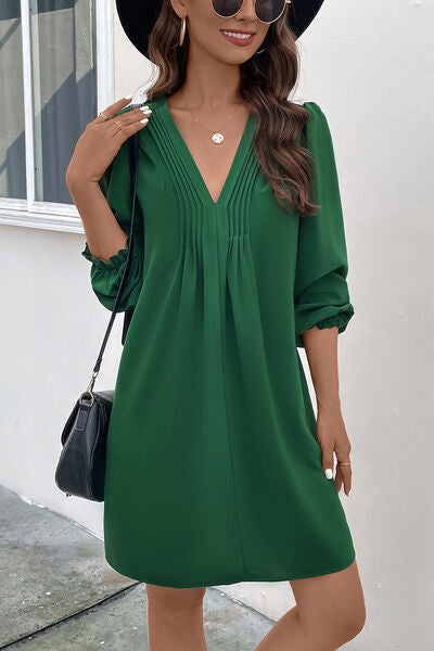 Ruched V-Neck Flounce Sleeve Dress - TRENDMELO