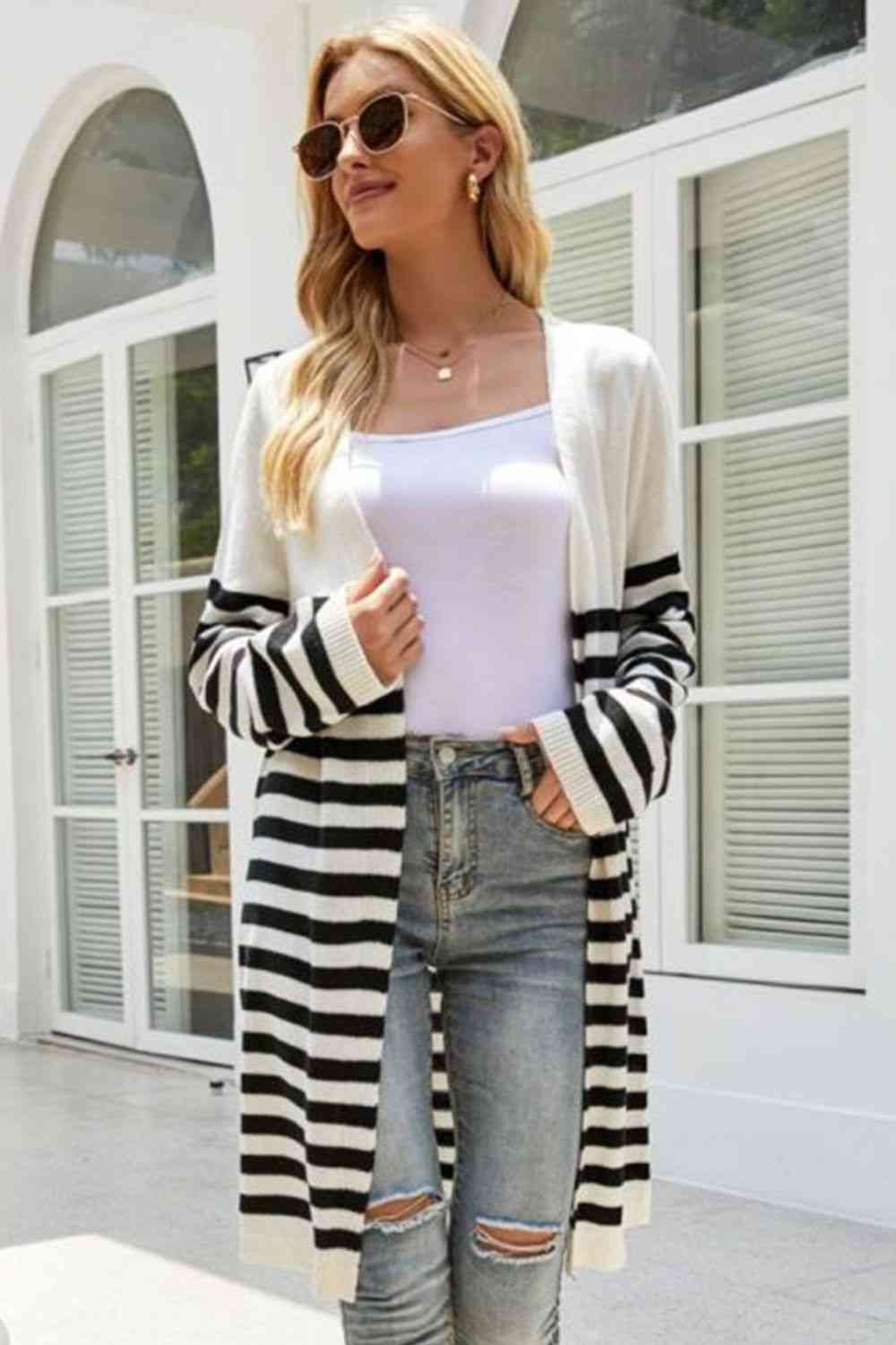 Striped Open Front Longline Cardigan - TRENDMELO