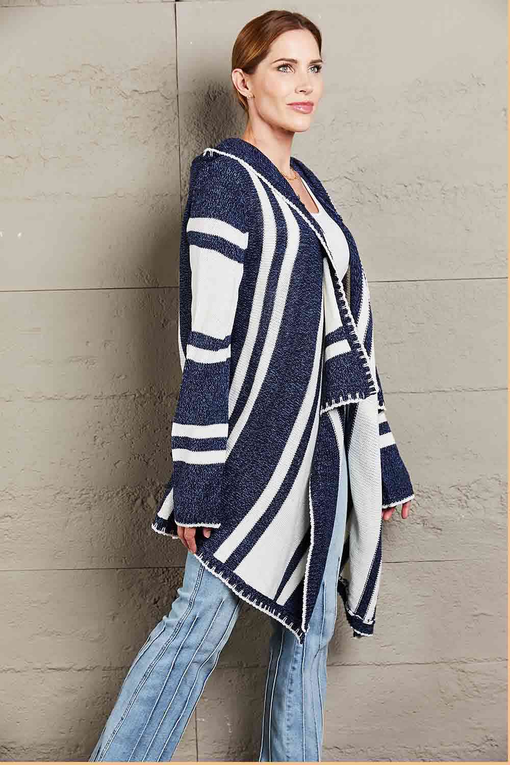 Woven Right Striped Open Front Hooded Cardigan - TRENDMELO