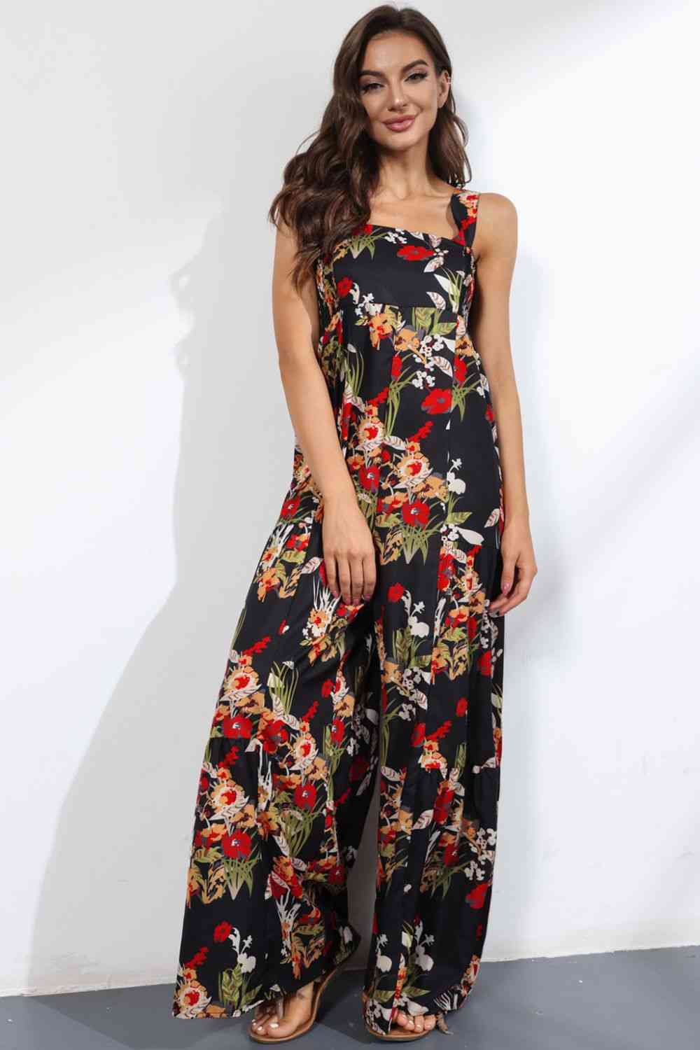 Floral Square Neck Wide Leg Jumpsuit - TRENDMELO