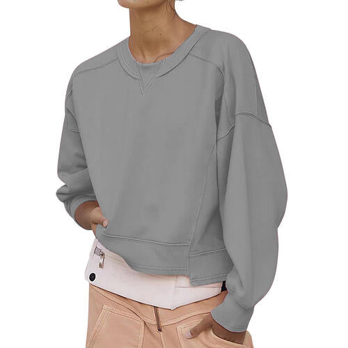 Round Neck Drop Shoulder Long Sleeve Sweatshirt - TRENDMELO