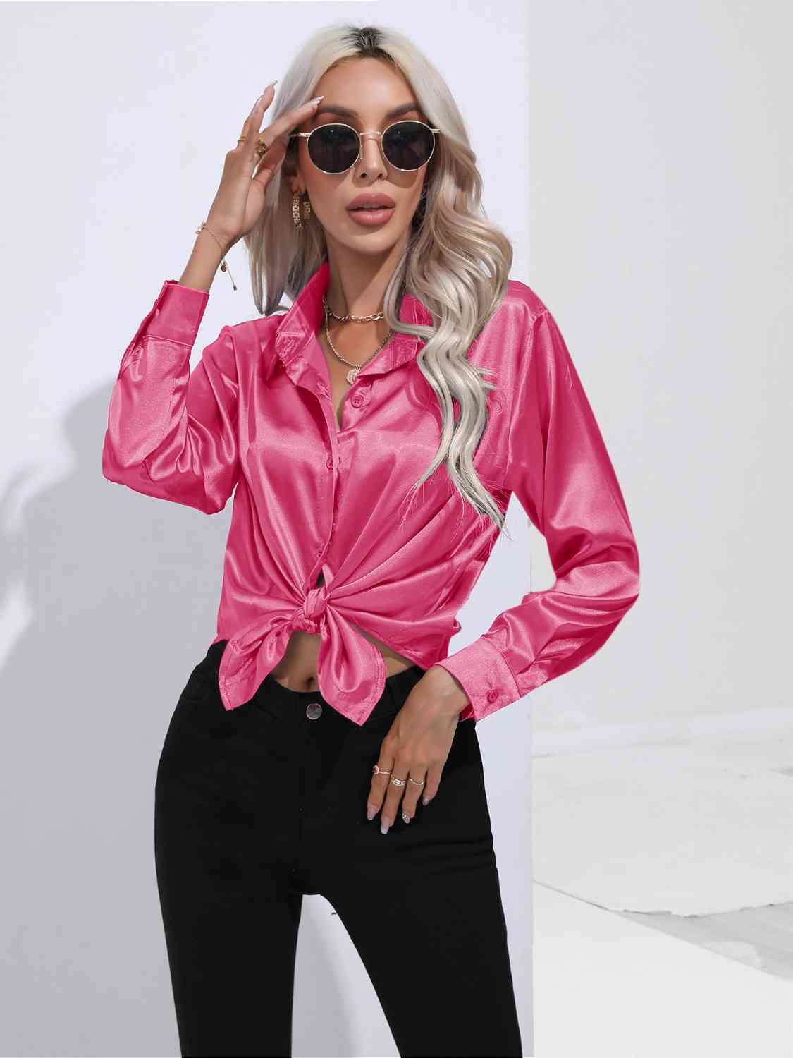 Collared Neck Buttoned Long Sleeve Shirt - TRENDMELO