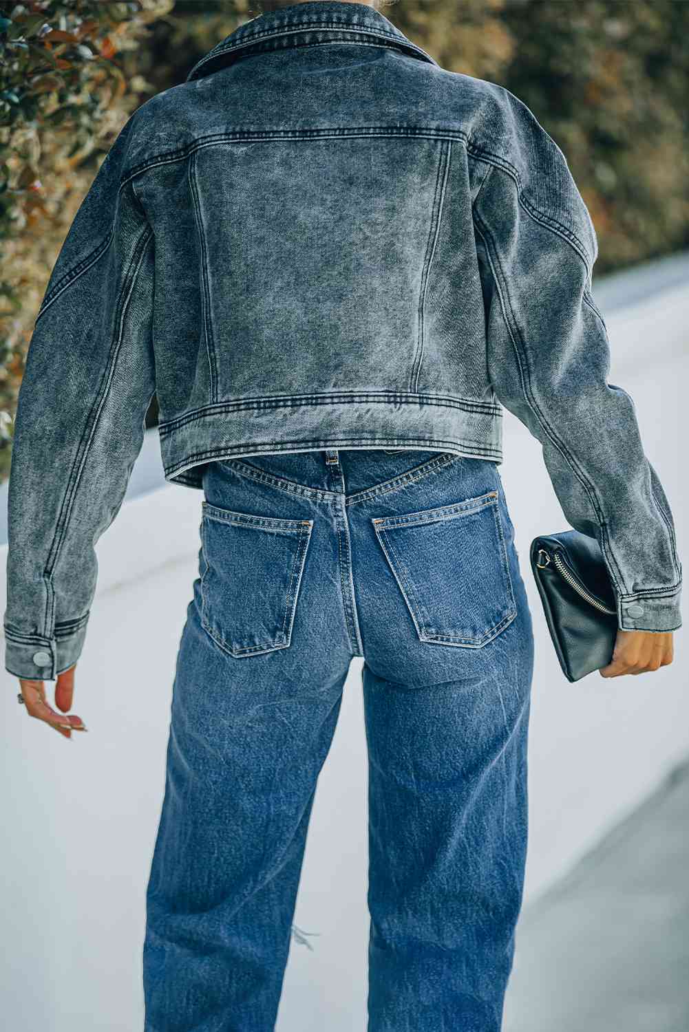 Acid Wash Lapel Collar Cropped Denim Jacket - TRENDMELO