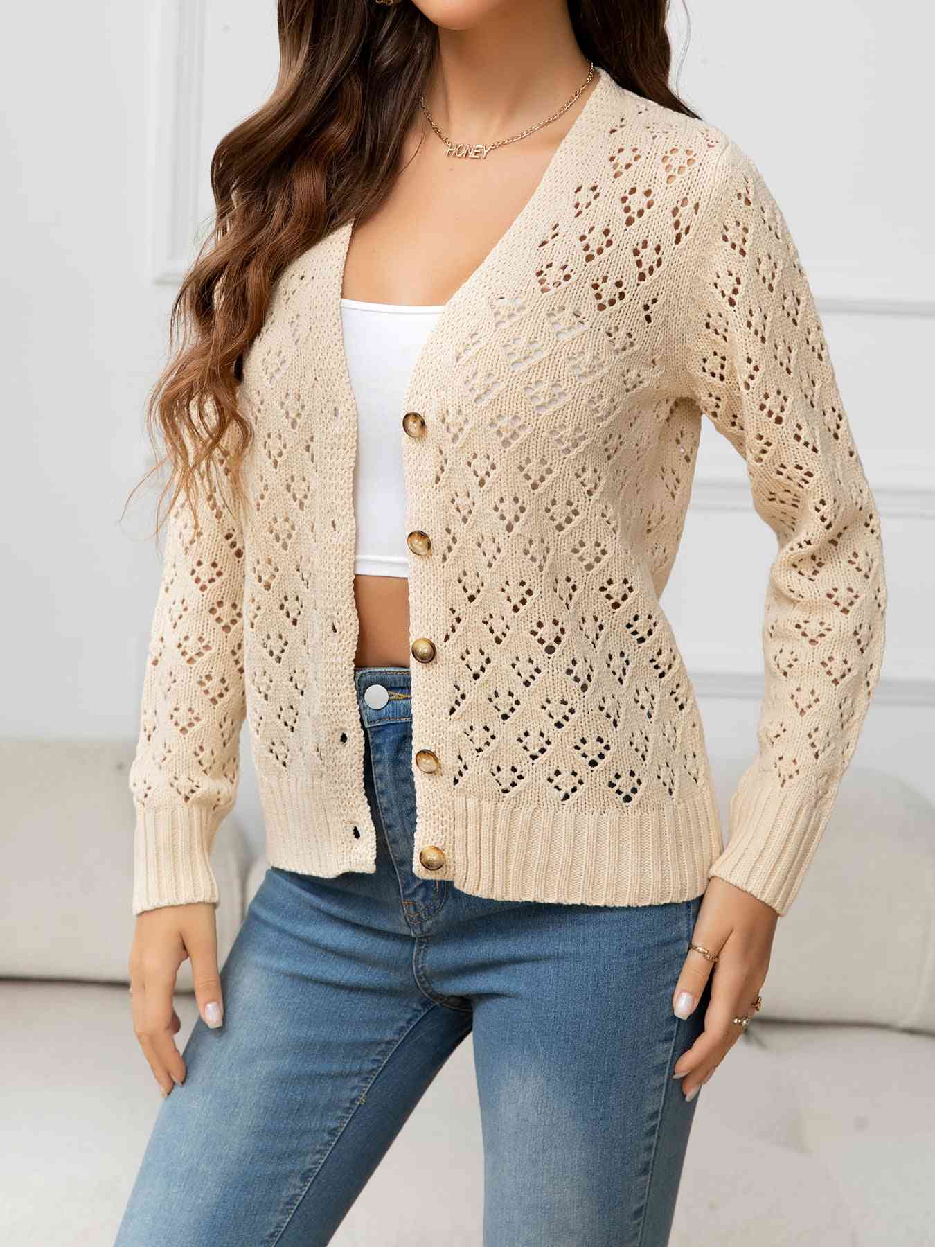 Openwork V-Neck Buttoned Knit Top - TRENDMELO