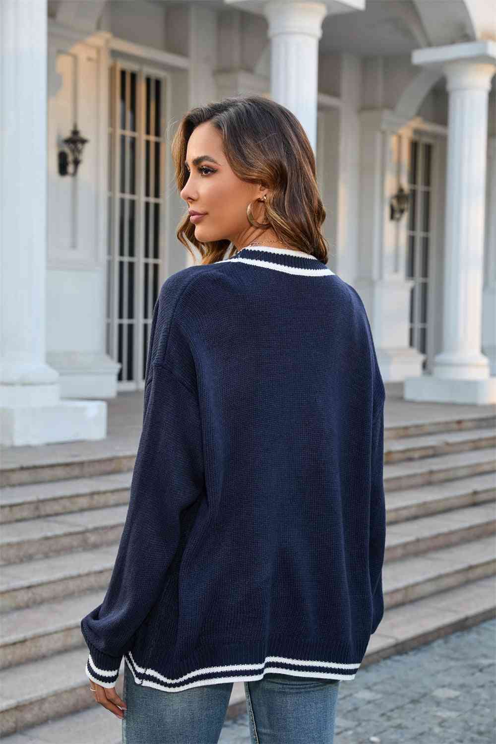 Buttoned V-Neck Long Sleeve Cardigan - TRENDMELO