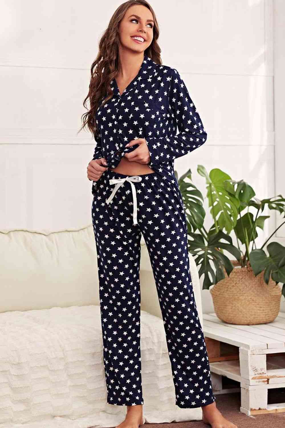 Star Print Button-Up Shirt and Pants Lounge Set - TRENDMELO