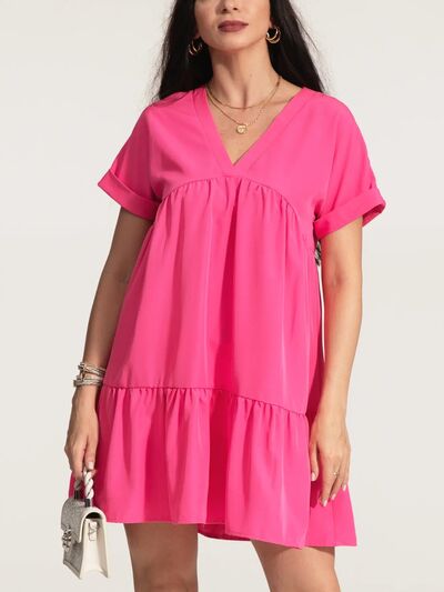 V-Neck Short Sleeve Ruffle Hem Dress - TRENDMELO