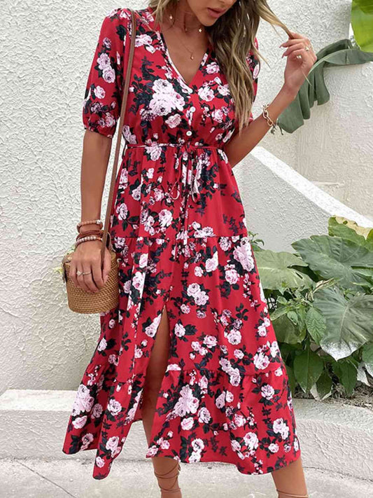 Floral Split Tie-Waist Dress - TRENDMELO