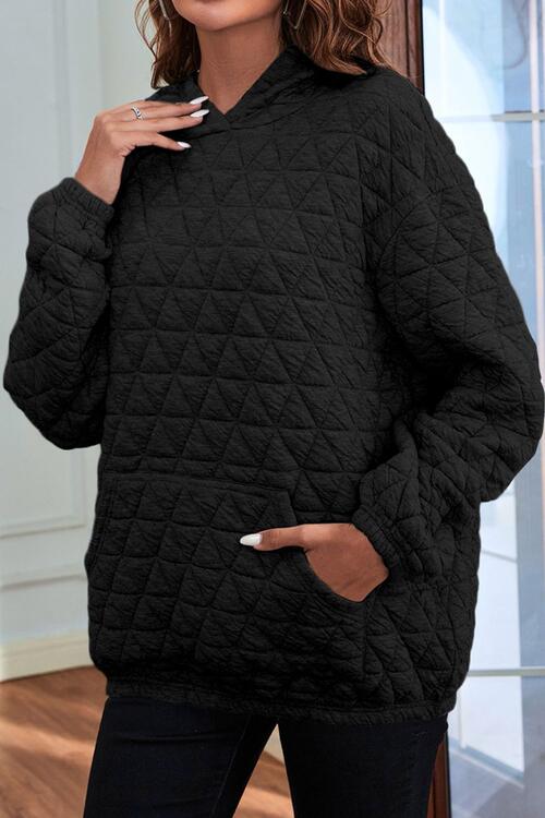 Quilted Long Sleeve Hoodie with Pocket - TRENDMELO