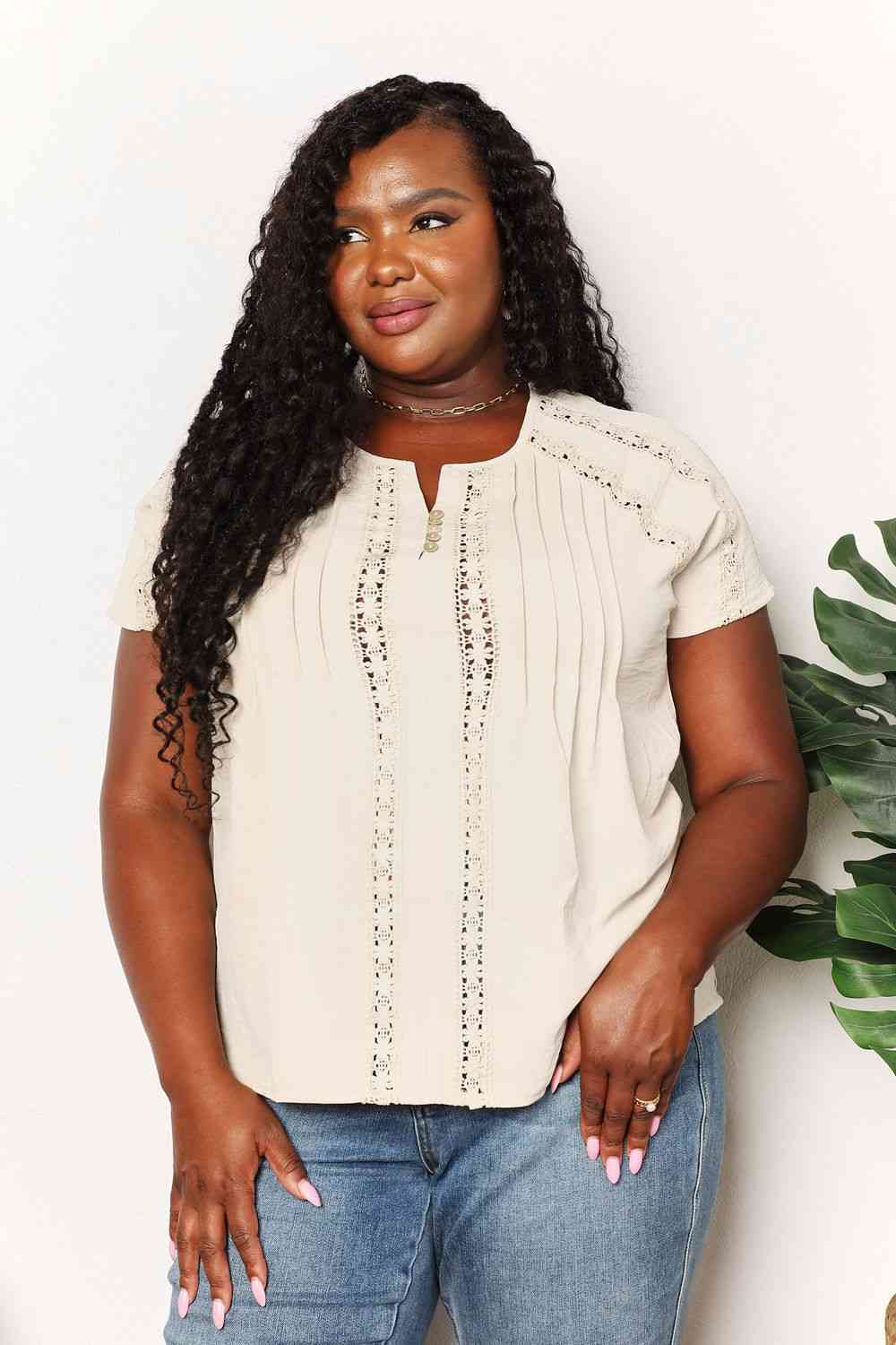 Double Take Crochet Buttoned Short Sleeves Top - TRENDMELO