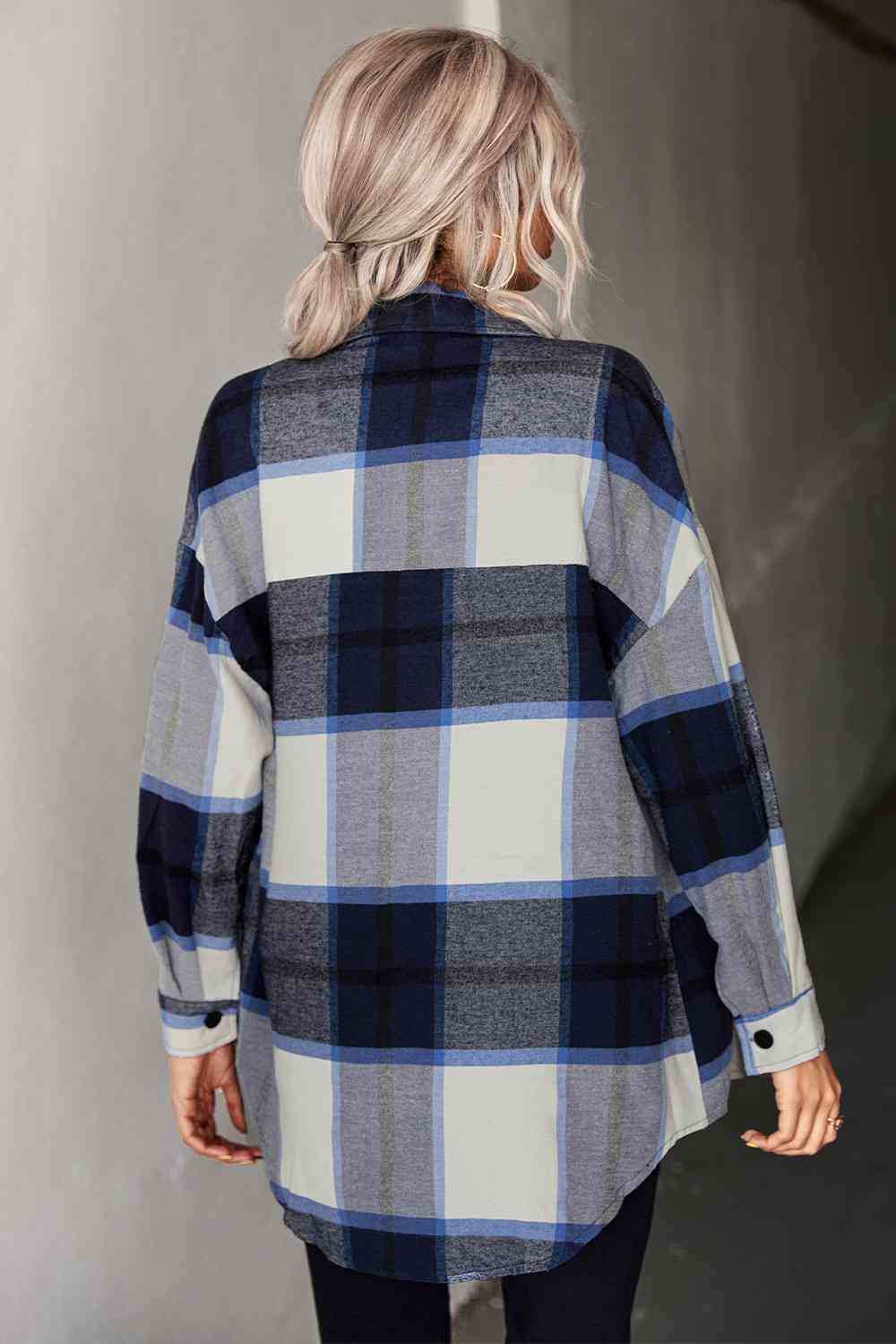 Plaid Collared Neck Longline Shirt - TRENDMELO