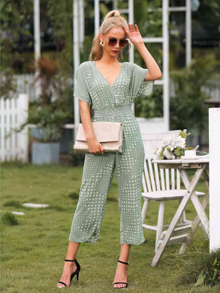 Polka Dot Surplice Neck Jumpsuit with Pockets - TRENDMELO