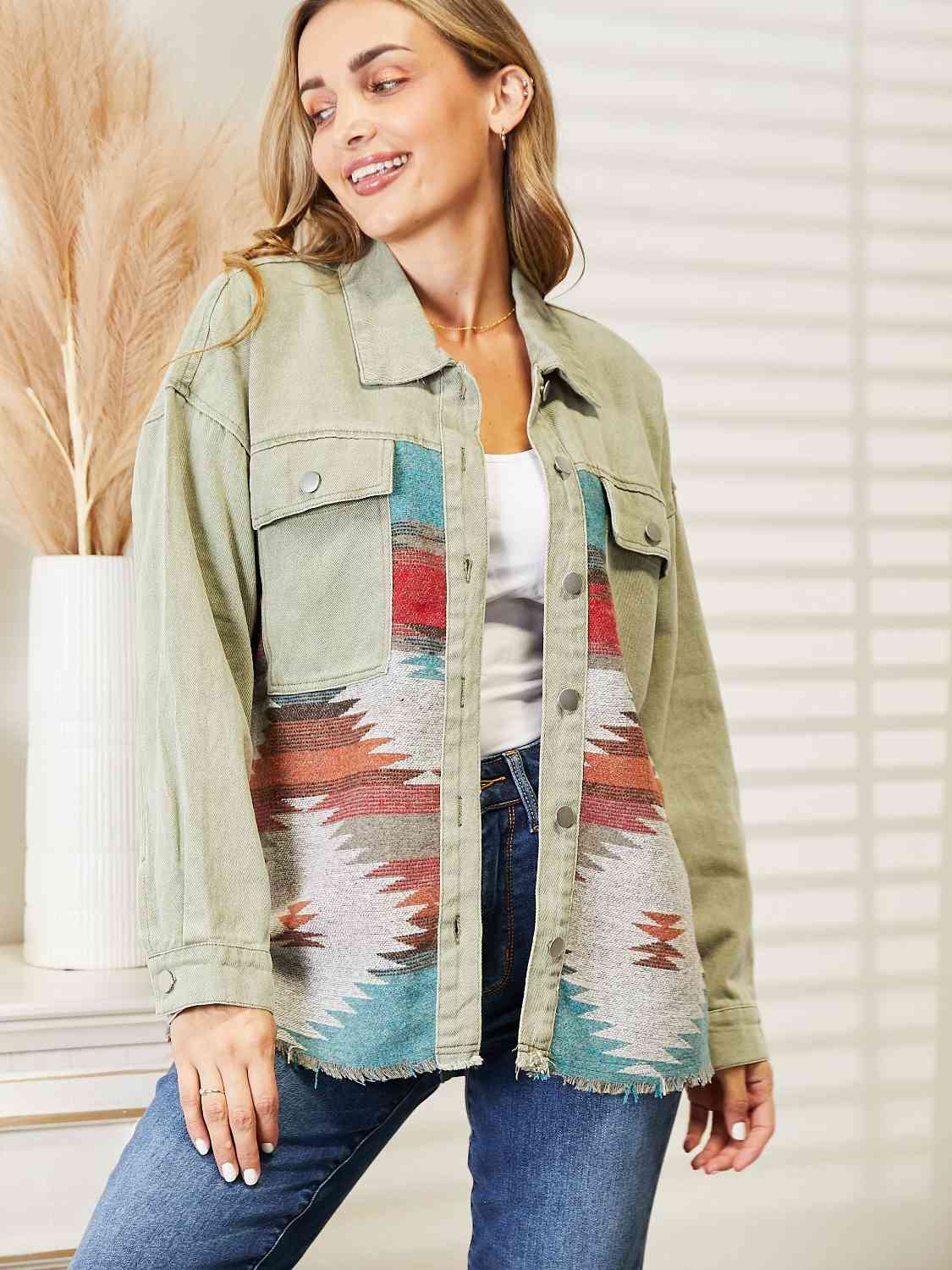 Dropped Shoulder Long Sleeve Printed Denim Jacket - TRENDMELO