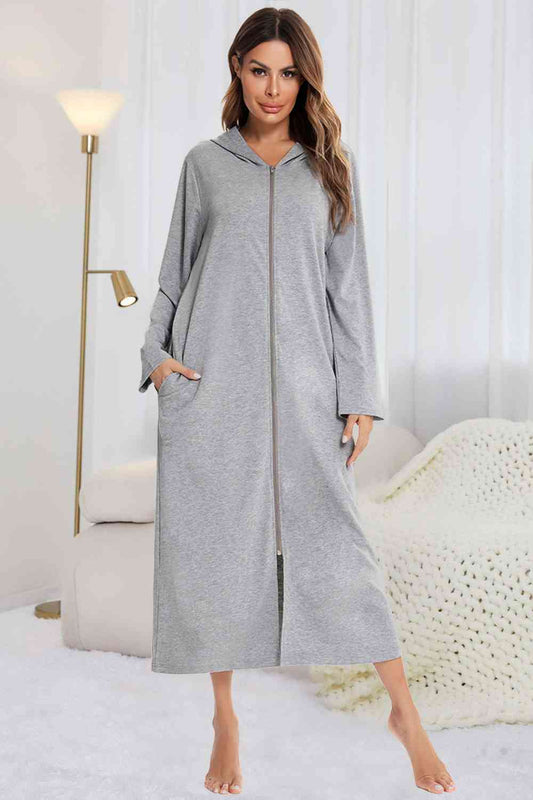 Zip Front Hooded Night Dress with Pockets - TRENDMELO