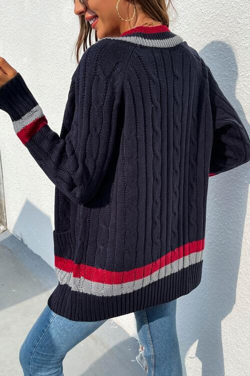 Open Front Striped Long Sleeve Cardigan - TRENDMELO